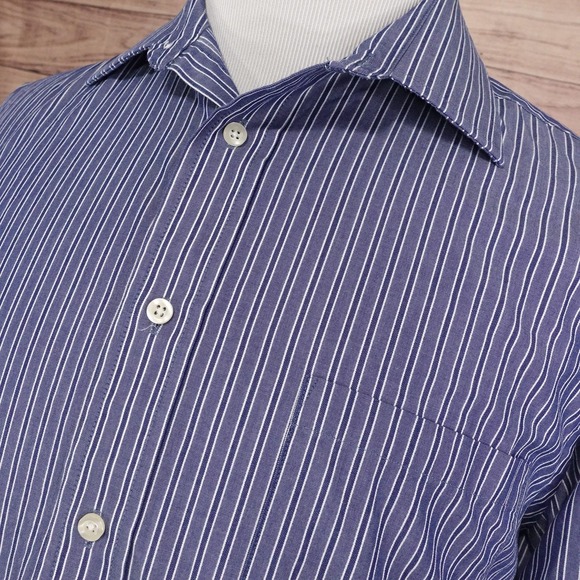 Chaps Dress Shirt Mens 17 34/35 Blue Striped Regular Fit Wrinkle Resistant - Picture 2 of 9